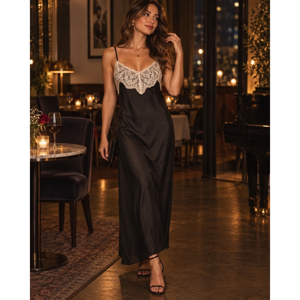Wild Fable Black Satin Lace Trim Midi Slip Dress XXL Adjustable Straps V-Neck